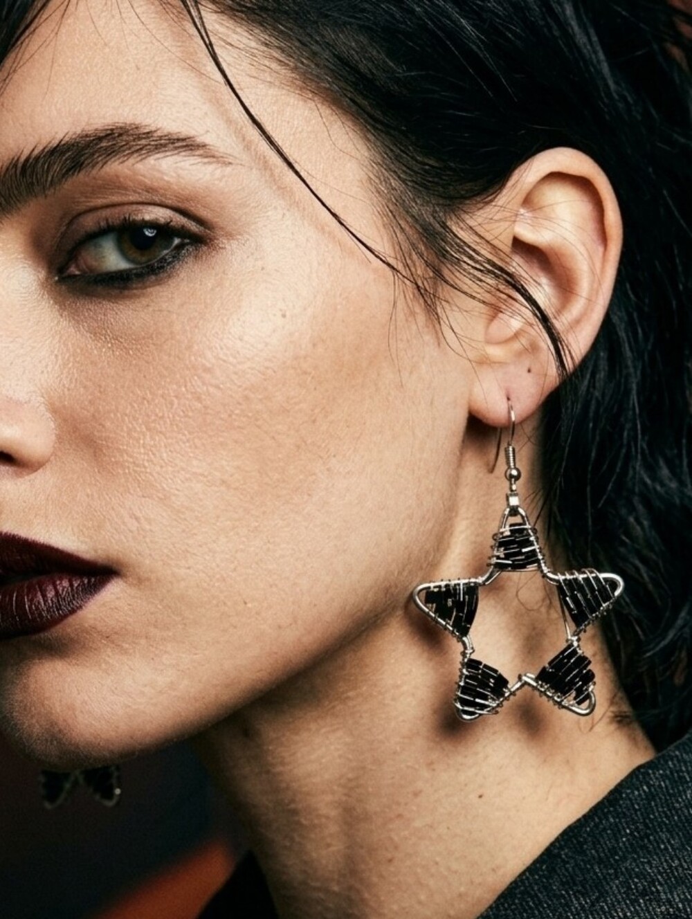 💫3x25 Handmade Wire Wrapped Black Star Earrings Indie Sleaze Drop Hoop